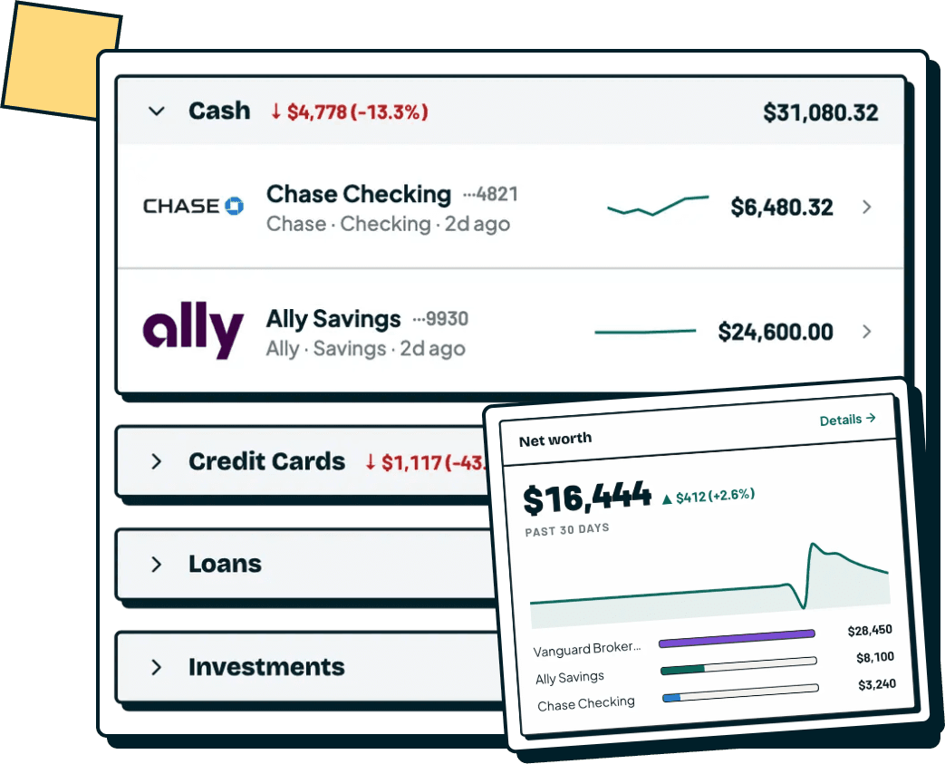 RetroFi cash accounts list with a net worth widget overlaid